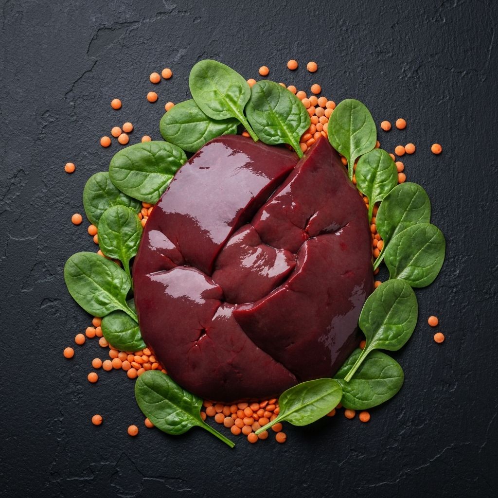 Natural iron-rich foods including beef liver, spinach, and lentils